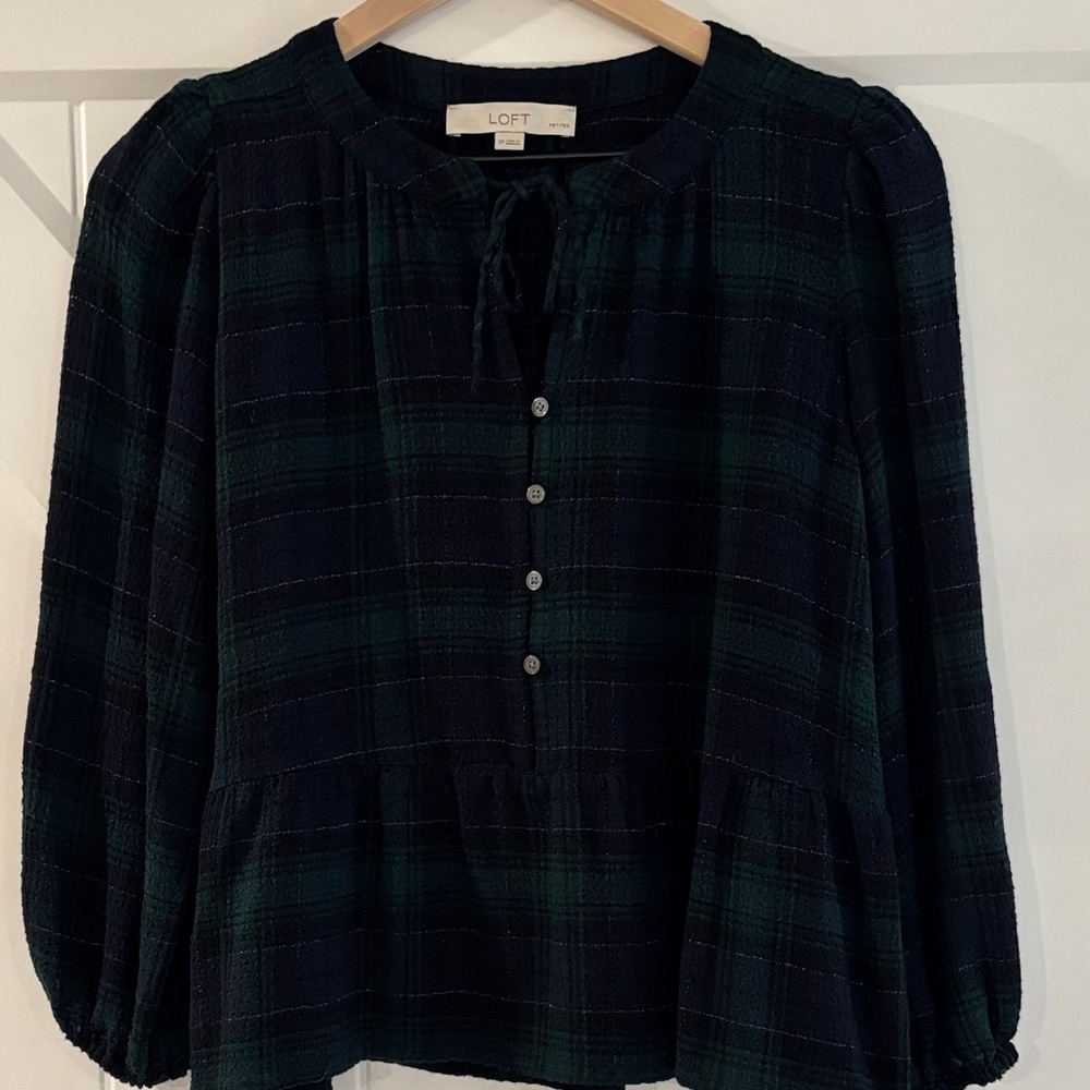 LOFT Black and Green Plaid Peasant Top